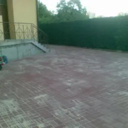 Ułożona kostka brukowa w jodełkę na podjeździe przed domem z zielonym żywopłotem w tle, widoczne schody wejściowe z metalową barierką.