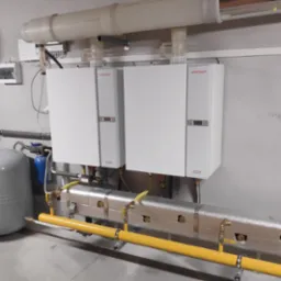 Dwa białe kondensacyjne kotły gazowe Weishaupt zamontowane na szarej ścianie, z widocznymi rurami gazowymi w żółtej osłonie, izolowanymi rurami i elementami instalacji CO.