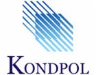 Logo firmy Kondpol z niebieskim, gradientowym symbolem graficznym powyżej nazwy. Symbol przypomina skośne ułożenie kostek lub bloków.