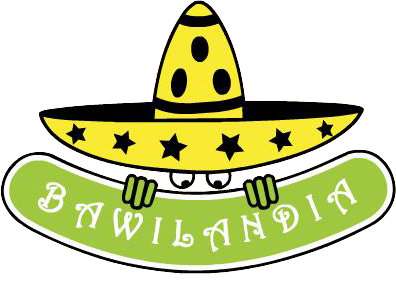 Ilustracja logo z żółtym sombrero ozdobionym czarnymi gwiazdami i trzema otworami na czubku, skrywającego parę oczu nad zielonym banerem z napisem 'BAWILANDIA', trzymanym przez rysunkowe ręce.
