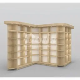 Modułowy system regałów sklepowych w kształcie litery L z oświetleniem LED w górnej części półek, widoczne logo producenta i adres strony internetowej.