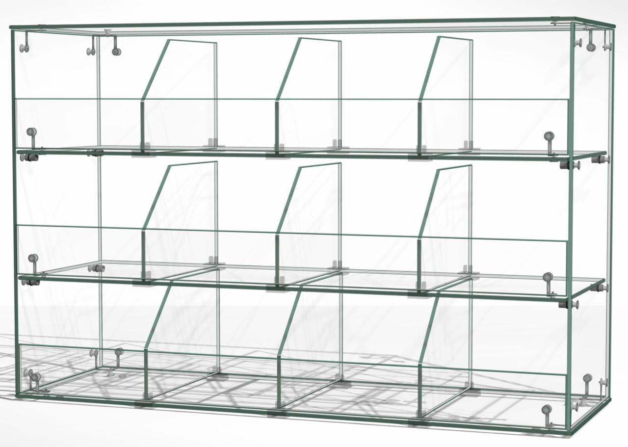 Szklana witryna regałowa, trzy poziomy z przegródkami, metalowe łączenia, widok perspektywiczny.