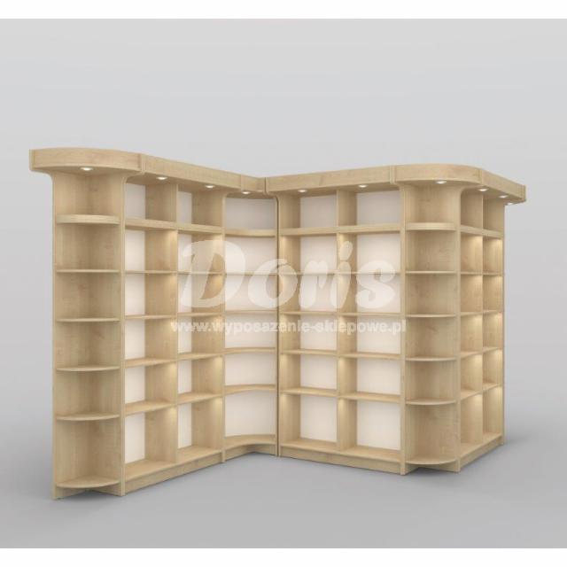 Modułowy system regałów sklepowych w kształcie litery L z oświetleniem LED w górnej części półek, widoczne logo producenta i adres strony internetowej.