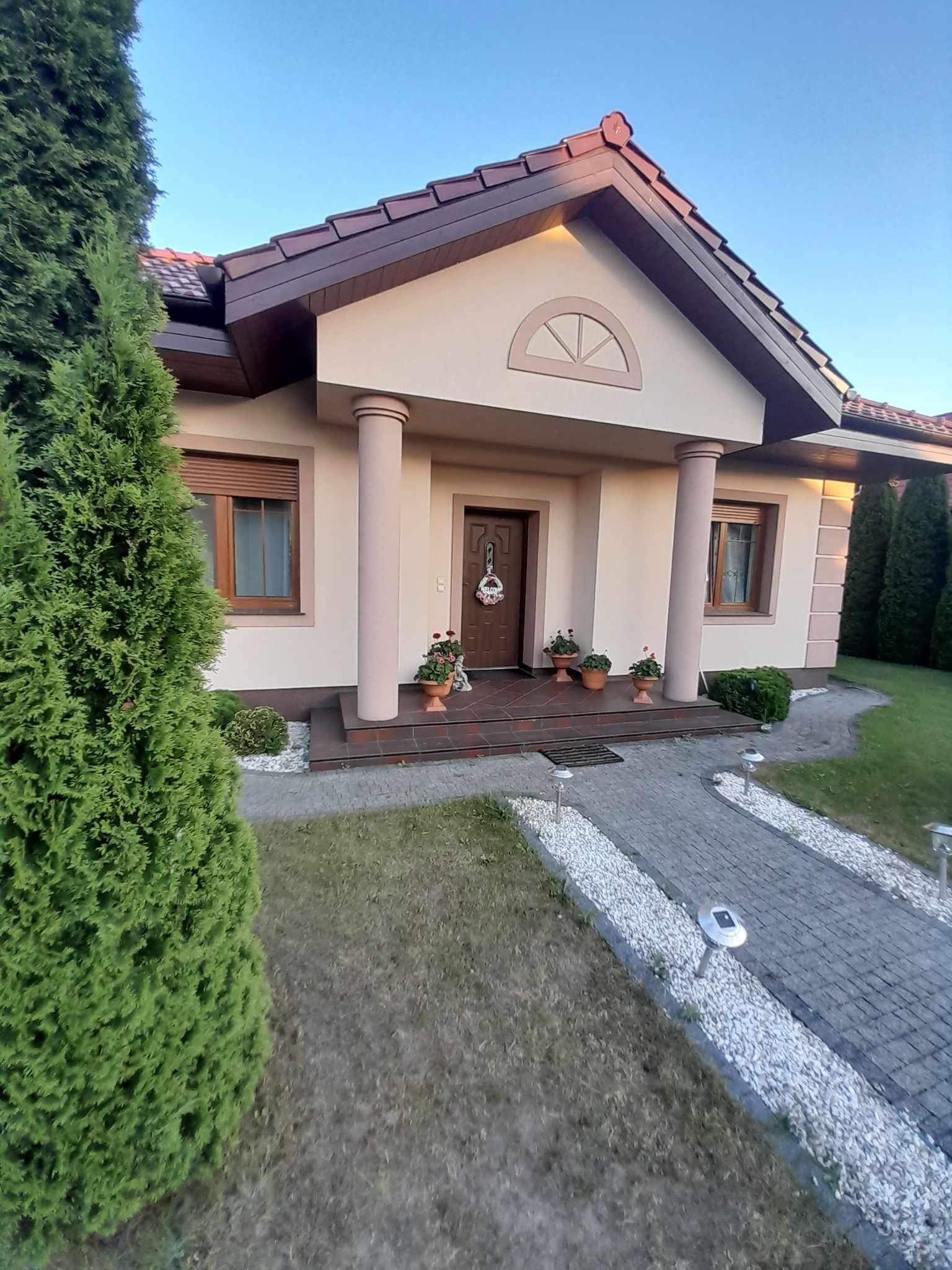 Elewacja domu jednorodzinnego z kolumnami, brązowymi oknami i drzwiami, ścieżką z kostki brukowej i ozdobnymi tujami.