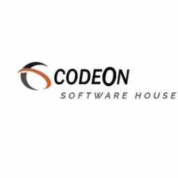 Logo firmy Codeon Software House z symbolem graficznym przypominającym literę C w kolorach szarym i pomarańczowym.