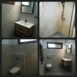 Nowoczesna łazienka z szarymi płytkami imitującymi beton, drewnianą szafką pod umywalką z czarnymi elementami, kabiną prysznicową ze szklaną ścianką i czarną armaturą, oraz podtynkową toaletą.