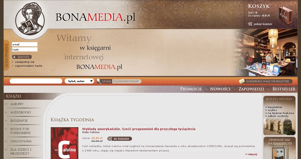 Strona główna księgarni internetowej Bonamedia.pl z logowaniem, koszykiem, newsletterem i promocją książki tygodnia Italo Calvino na tle wnętrza tradycyjnej księgarni.