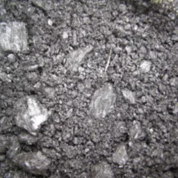 Zdjęcie z bliska przedstawia drobny, czarny miał węglowy z widocznymi, większymi bryłkami i pojedynczym źdźbłem trawy.