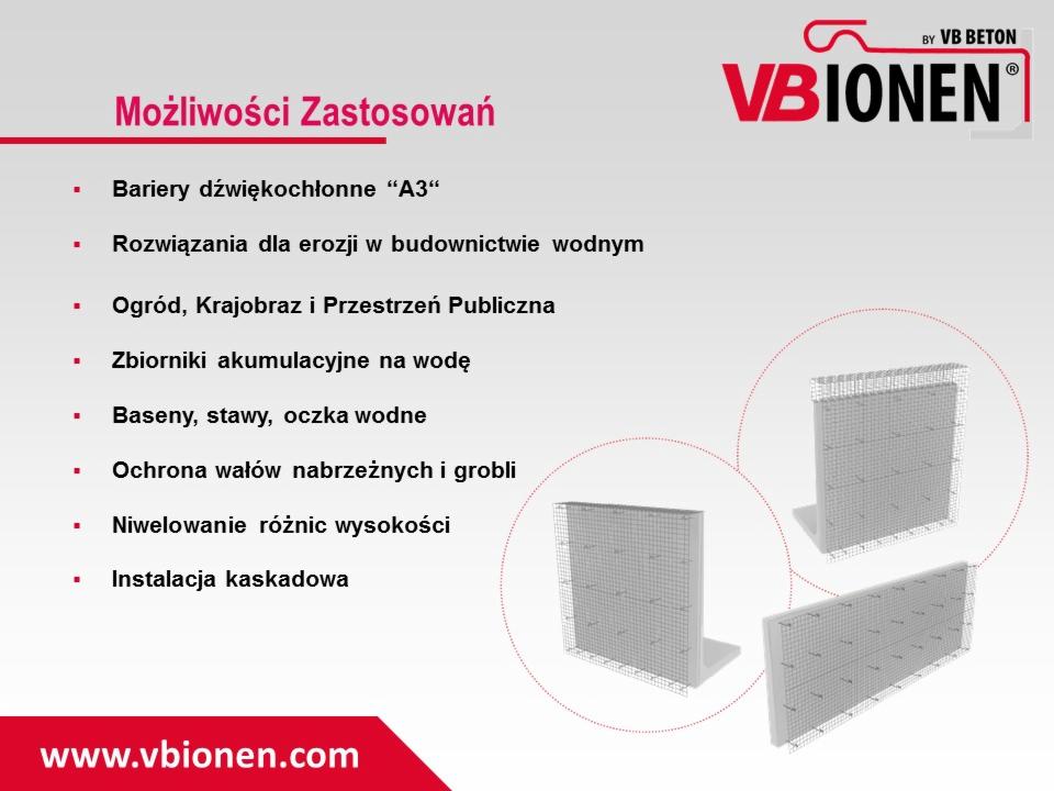Grafika prezentująca możliwości zastosowań prefabrykatów betonowych VBIONEN, w tym bariery dźwiękochłonne, rozwiązania dla erozji w budownictwie wodnym, elementy do ogrodów i przestrzeni...