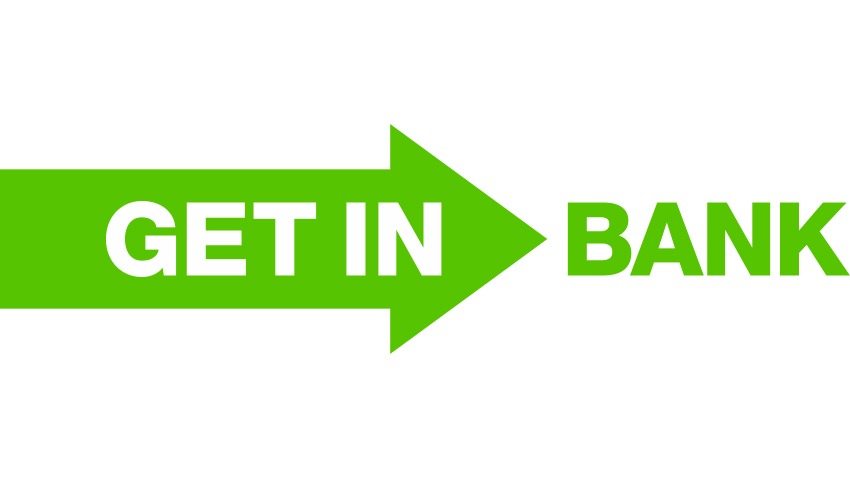 Grafika wektorowa przedstawiająca zieloną strzałkę z napisem 'GET IN' wskazującą na napis 'BANK', również w kolorze zielonym, na białym tle.