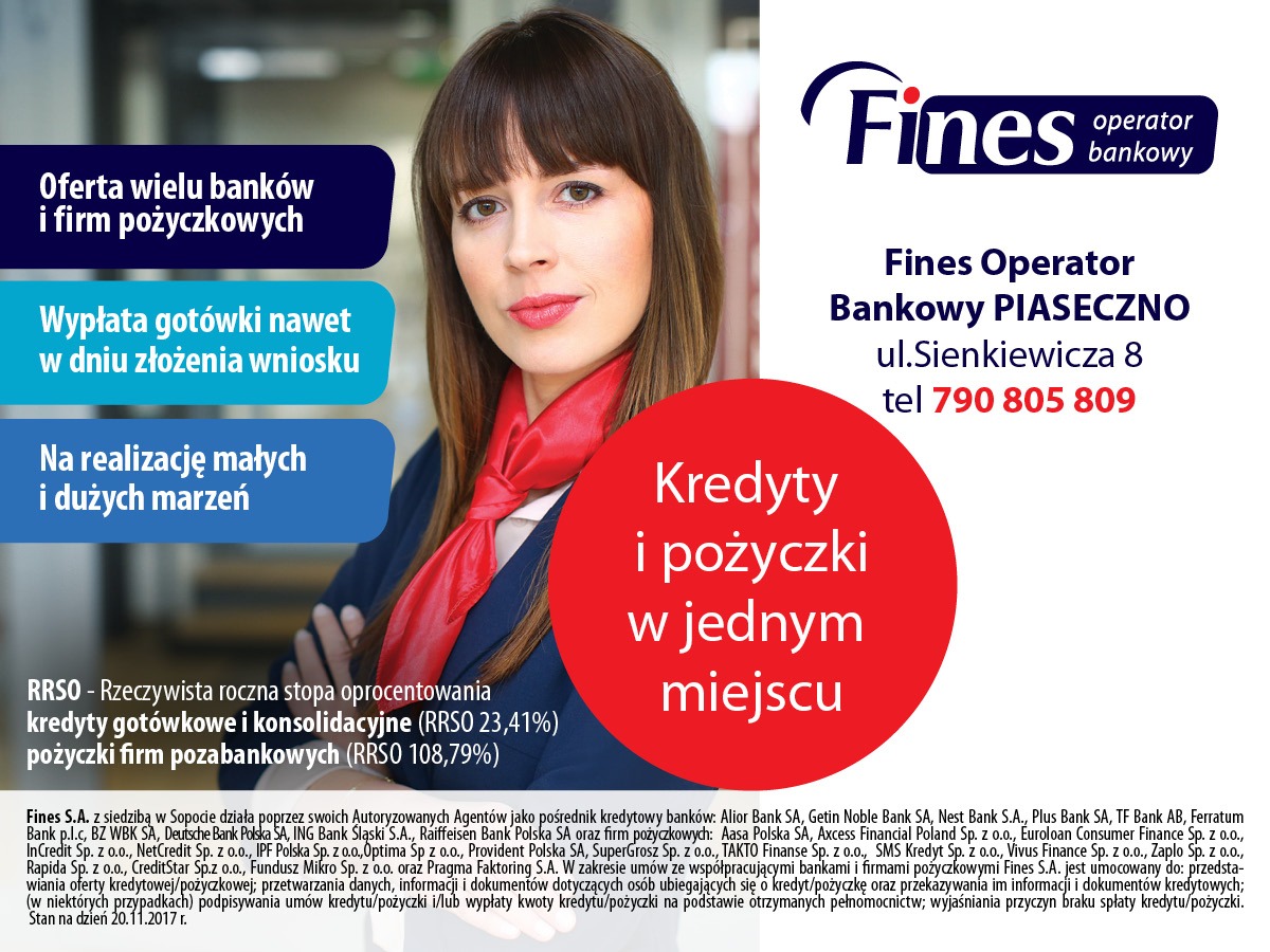 Portret kobiety w marynarce z czerwoną apaszką, na tle reklamy operatora bankowego Fines z ofertą kredytów i pożyczek, informacją o wypłacie gotówki i realizacji marzeń.