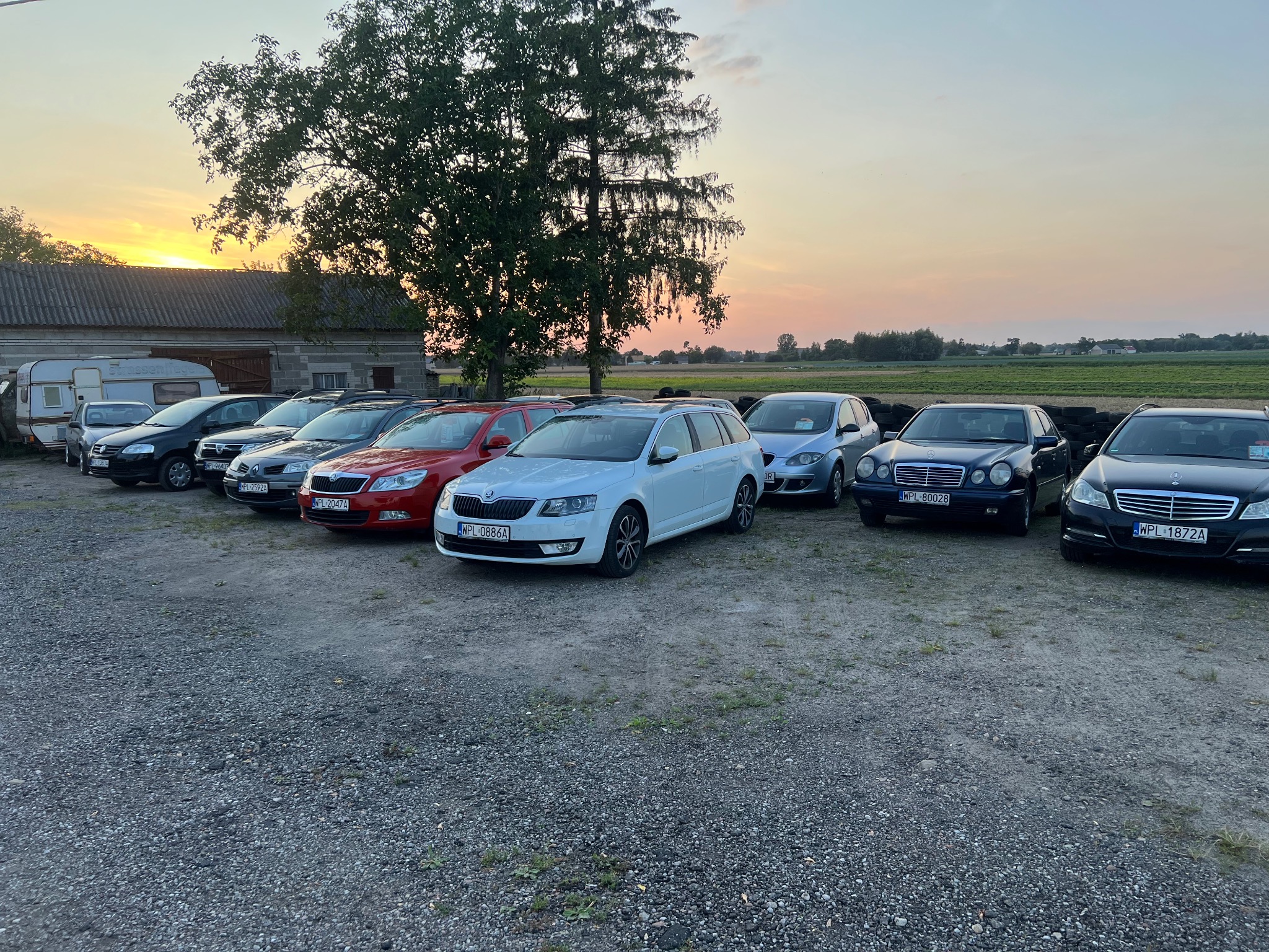 Rząd aut różnych marek, z widocznymi tablicami rejestracyjnymi, ustawionych na żwirowym placu na tle zachodzącego słońca i budynku gospodarczego.