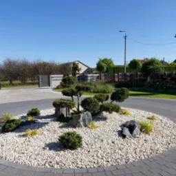 Okrągły klomb z białych kamieni, ozdobnych krzewów i pojedynczych skał na tle brukowanej nawierzchni podjazdu, w tle zabudowa jednorodzinna.
