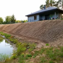 Ukształtowany teren wokół stawu przy nowoczesnym domu, ziemia przygotowana pod nasadzenia, widoczne ślady po pracy maszyn.