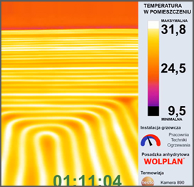 Obraz termowizyjny ogrzewania podłogowego w wylewce anhydrytowej, prezentujący rozkład temperatur od 9.5 do 31.8 stopni Celsjusza, z widocznym układem rur grzewczych i logo firmy Wolplan.