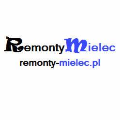 Czarno-niebieskie logo firmy remontowej 'Remonty Mielec' z adresem strony internetowej remonty-mielec.pl na białym tle.