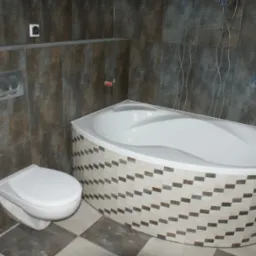 Nowoczesna łazienka z narożną wanną obłożoną mozaiką, podwieszaną toaletą i brązowymi płytkami z subtelnym wzorem kwiatowym na ścianach.