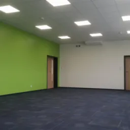 Wnętrze biura po malowaniu: jedna ściana świeża, zielona, reszta biała. Ciemna wykładzina podłogowa, dwie drewniane drzwi. Biały sufit z kwadratowymi lampami.