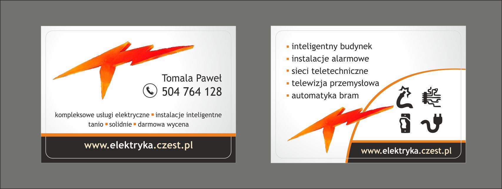 Wizytówka firmy elektrycznej z Częstochowy, oferującej kompleksowe usługi, instalacje inteligentne, alarmowe, sieci teletechniczne, telewizję przemysłową i automatykę bram. Na wizytówce widnieje...