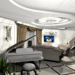 Elegancki salon z białym fortepianem K. Kawai, kominkiem z marmurowym wykończeniem, kryształowym żyrandolem i telewizorem z wiadomościami, utrzymany w klasycznym stylu.