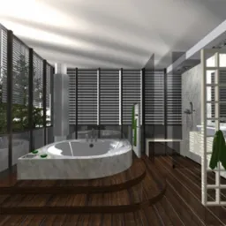 Wizualizacja nowoczesnej łazienki z wolnostojącą wanną na podwyższeniu, drewnianą podłogą, dużymi oknami z żaluzjami i marmurowymi elementami wykończenia.