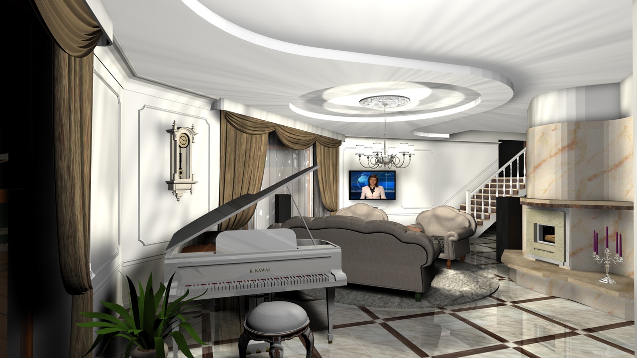 Elegancki salon z białym fortepianem K. Kawai, kominkiem z marmurowym wykończeniem, kryształowym żyrandolem i telewizorem z wiadomościami, utrzymany w klasycznym stylu.