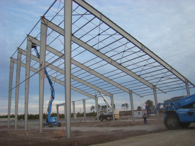 Wznoszenie szkieletu hali: stalowe słupy i kratownice dachowe, widoczne podnośniki koszowe i dźwig na placu budowy, pochmurne niebo w tle.