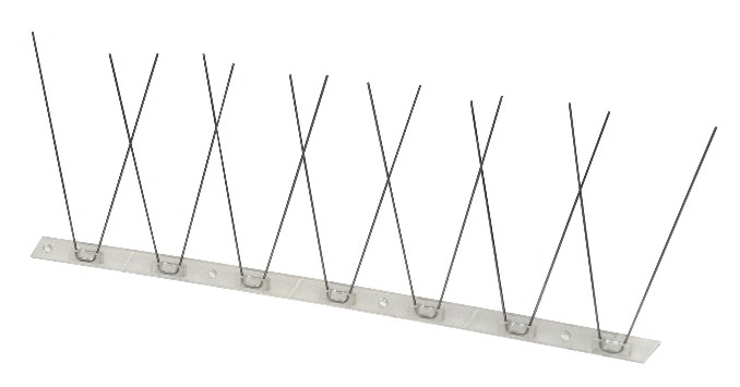 Metalowa listwa z wystającymi drutami, zabezpieczenie przed ptakami, widok z bliska.