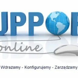 Grafika 3D przedstawiająca niebieski napis 'SUPPORT' z globusem zamiast litery 'O', szary napis 'online' poniżej i myszkę komputerową, ilustrująca wsparcie online.