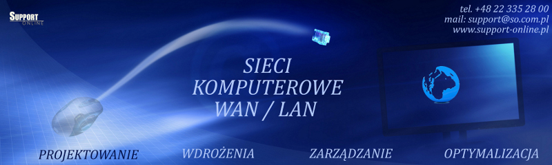 Grafika reklamowa sieci komputerowych WAN/LAN z myszą, kablem sieciowym i monitorem z globusem na niebieskim tle.