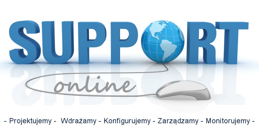Grafika 3D przedstawiająca niebieski napis 'SUPPORT' z globusem zamiast litery 'O', szary napis 'online' poniżej i myszkę komputerową, ilustrująca wsparcie online.