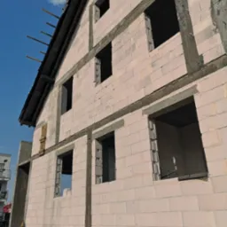 Surowy stan domu w trakcie budowy, ściany z bloczków z betonu komórkowego, widoczne otwory okienne i zbrojenia w nadprożach.