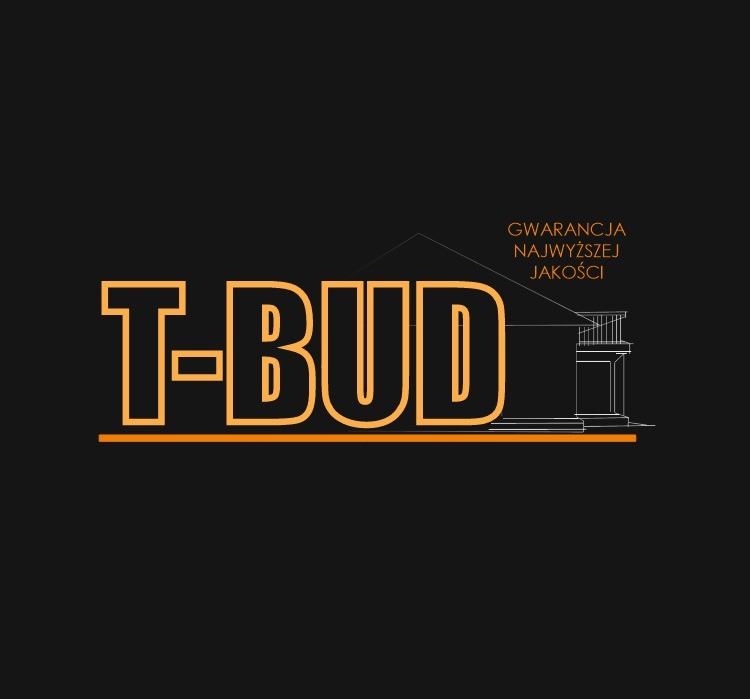 Logo firmy T-BUD z Oleśnicy w kolorze pomarańczowym na czarnym tle. Grafika przedstawia budynek i hasło 'Gwarancja Najwyższej Jakości'.