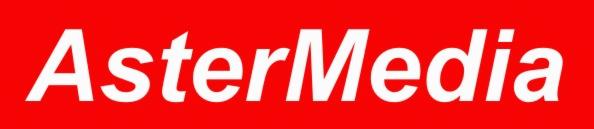 Logo AsterMedia na czerwonym tle, białe litery w prostym kroju.