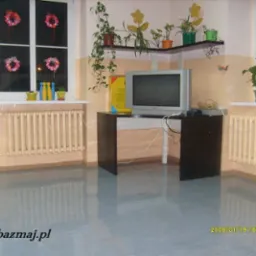 Lśniąca, świeżo umyta podłoga w pokoju z grzejnikami, telewizorem i roślinami doniczkowymi, odbijająca światło w oknach udekorowanych rękodziełem.