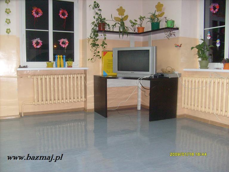 Lśniąca, świeżo umyta podłoga w pokoju z grzejnikami, telewizorem i roślinami doniczkowymi, odbijająca światło w oknach udekorowanych rękodziełem.