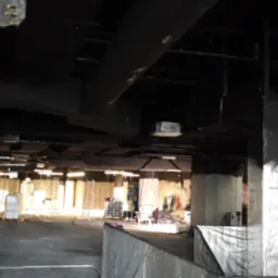 Wnętrze biura w trakcie malowania: pomalowane na czarno rury pod sufitem, zabezpieczone folią kolumny, pracownik w czerwonej kurtce obok kartonów.