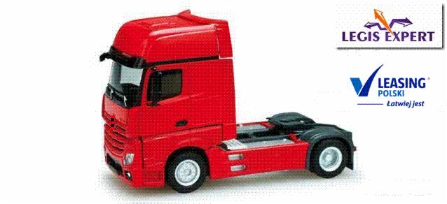 Czerwony model ciągnika siodłowego na białym tle, obok logo firm Legis Expert i Leasing Polski.