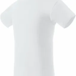 Biały bawełniany T-shirt z krótkim rękawem, widoczny z boku na białym tle, dobrze oświetlony.