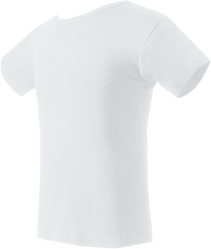 Biały bawełniany T-shirt z krótkim rękawem, widoczny z boku na białym tle, dobrze oświetlony.