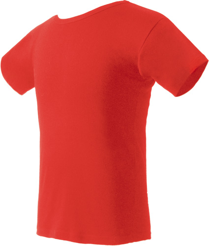 Czerwony, gładki T-shirt z krótkim rękawem, widoczny z boku, na białym tle.