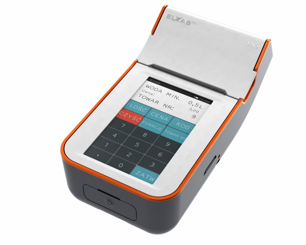 Nowoczesna kasa fiskalna Elzab K10 z ekranem dotykowym prezentującym przykładowe dane transakcji, takie jak 'Woda Min. 0.5L za 3.00' oraz klawiaturą numeryczną.