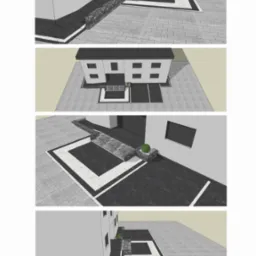 Wizualizacja 3D zagospodarowania terenu wokół domu z użyciem kostki brukowej, żwiru i niskiej roślinności. Cztery różne ujęcia prezentują układ ścieżek i rabat.