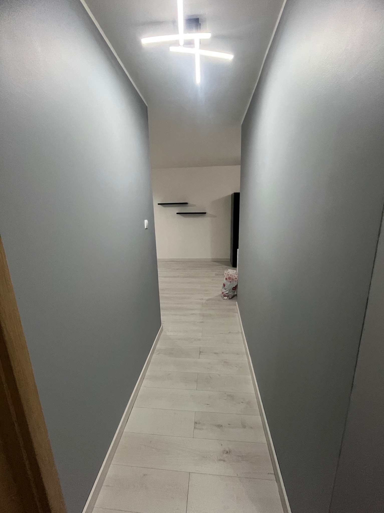 Szary korytarz z panelami podłogowymi i nowoczesną lampą sufitową. Ściany pomalowane na jednolity kolor, w tle widoczne półki i szafa. Minimalistyczny design.