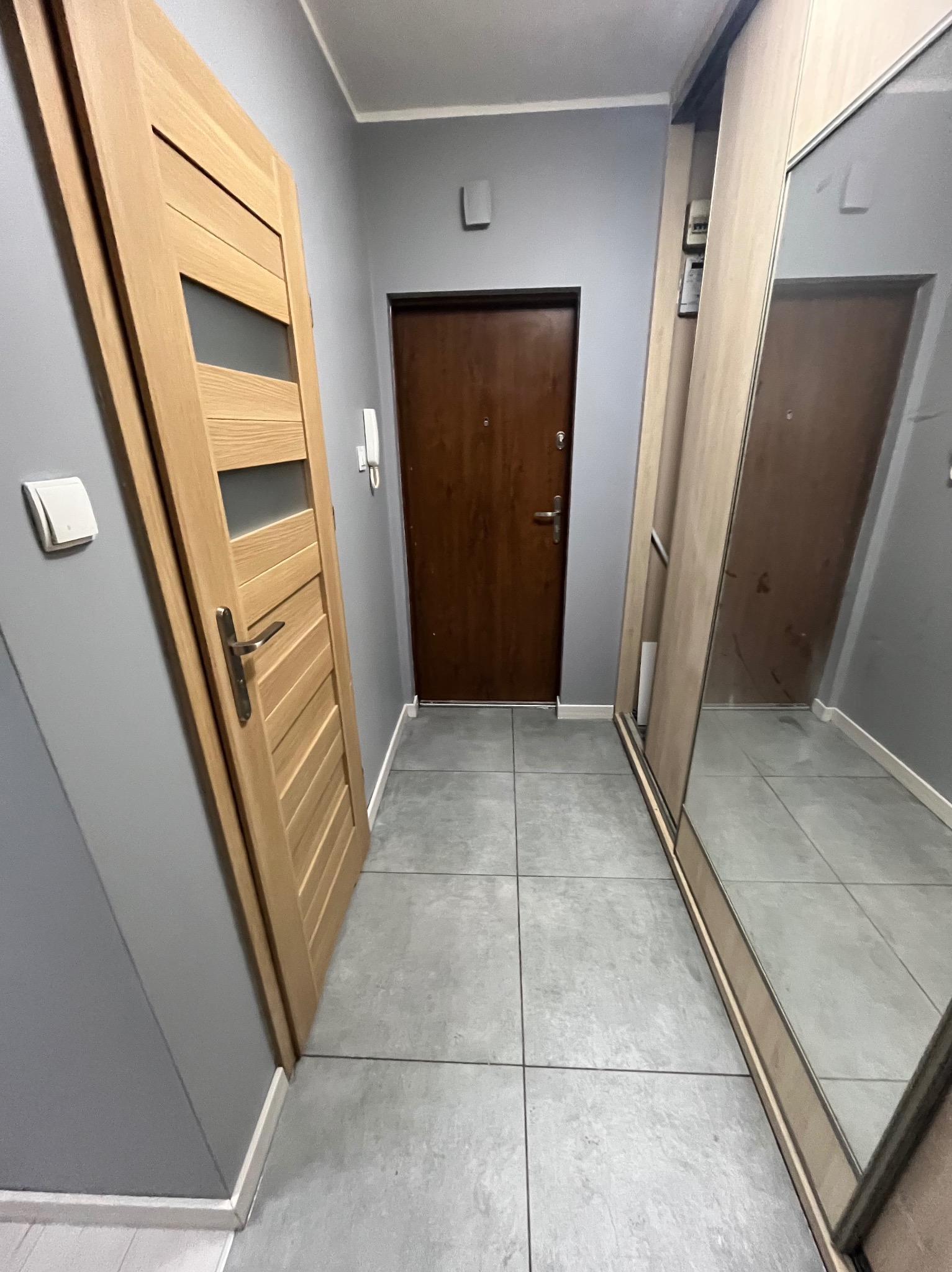 Nowoczesny przedpokój w szarościach z drewnianymi drzwiami z przeszkleniami i lustrzaną szafą przesuwną. Minimalistyczny design, szare płytki podłogowe.