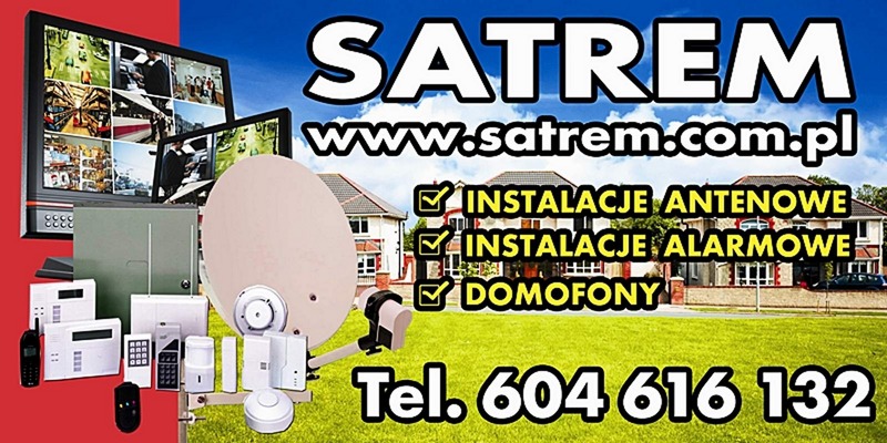 Reklama firmy Satrem z anteną satelitarną, monitorem CCTV, elementami alarmu i domofonu na tle domu i trawnika.