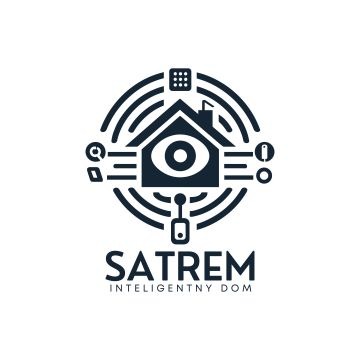 Grafika: Stylizowany dom z okiem w centrum, otoczony symbolami inteligentnych urządzeń i falami radiowymi. Pod spodem napis 'SATREM INTELIGENTNY DOM'.