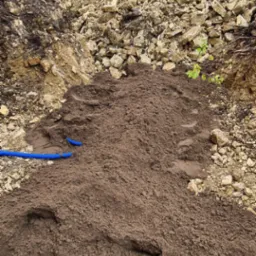 Wykop pod fundamenty z nasypaną ziemią, widoczne fragmenty niebieskiej rury karbowanej i koparka w tle.