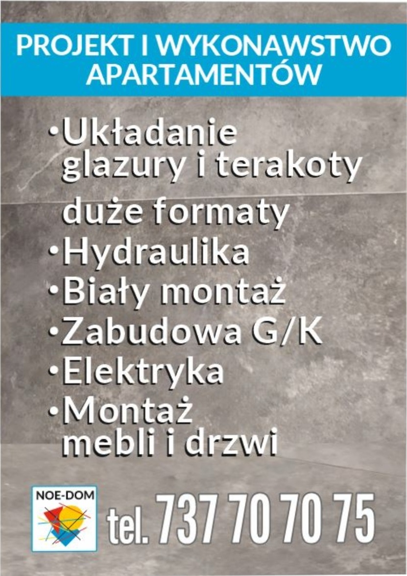 Plakat reklamowy firmy budowlanej oferującej projekt i wykonawstwo apartamentów, w tym układanie glazury, hydraulikę, biały montaż, zabudowy G/K, elektrykę oraz montaż mebli i drzwi, z podanym...