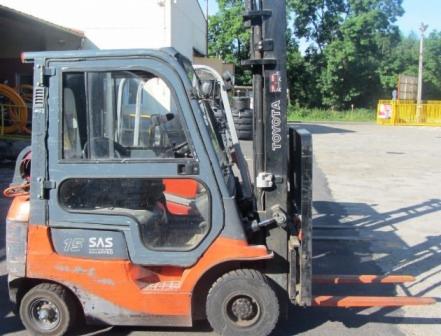 Używany wózek widłowy Toyota 7FGF 15 o udźwigu 1,5 tony z 2006 roku, zasilany gazem, widoczny z boku na placu.